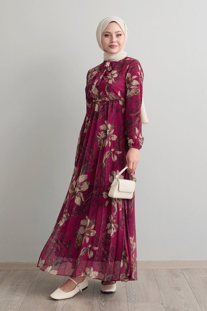 MDS Women Serena Flower Patterned Pleated Fuchsia Chiffon Dress - Swindon