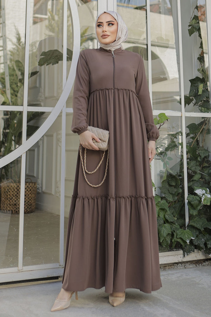 MDS Women Pleated Detail Zippered Abaya - Brown - Surrey