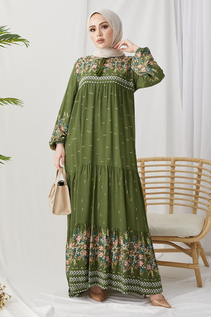MDS Women Flowy Dress with Watery Pattern - Khaki - Valenciennes