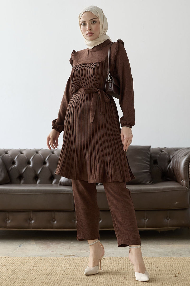 MDS Women Front Pleated Ruffle Detail Set - Bitter Coffee - Coventry