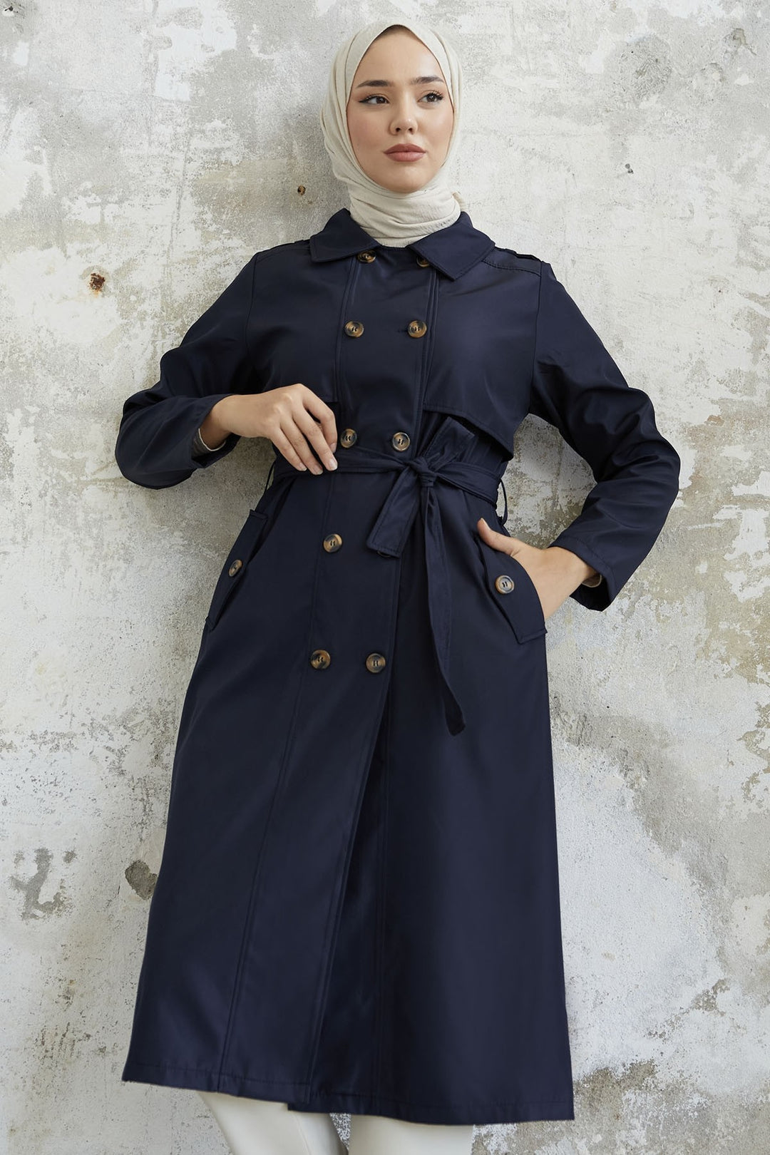 MDS Women Evelina Double Button Detail Trench Coat - Navy - Elmshorn