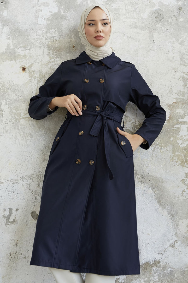 MDS Women Evelina Double Button Detail Trench Coat - Navy - Elmshorn