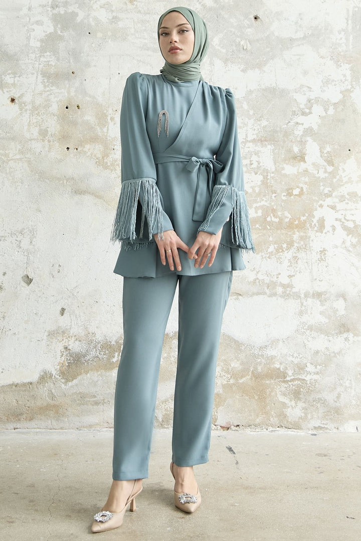 MDS Women Tasseled Sleeve Stone Crepe Set - Mint - Stockport