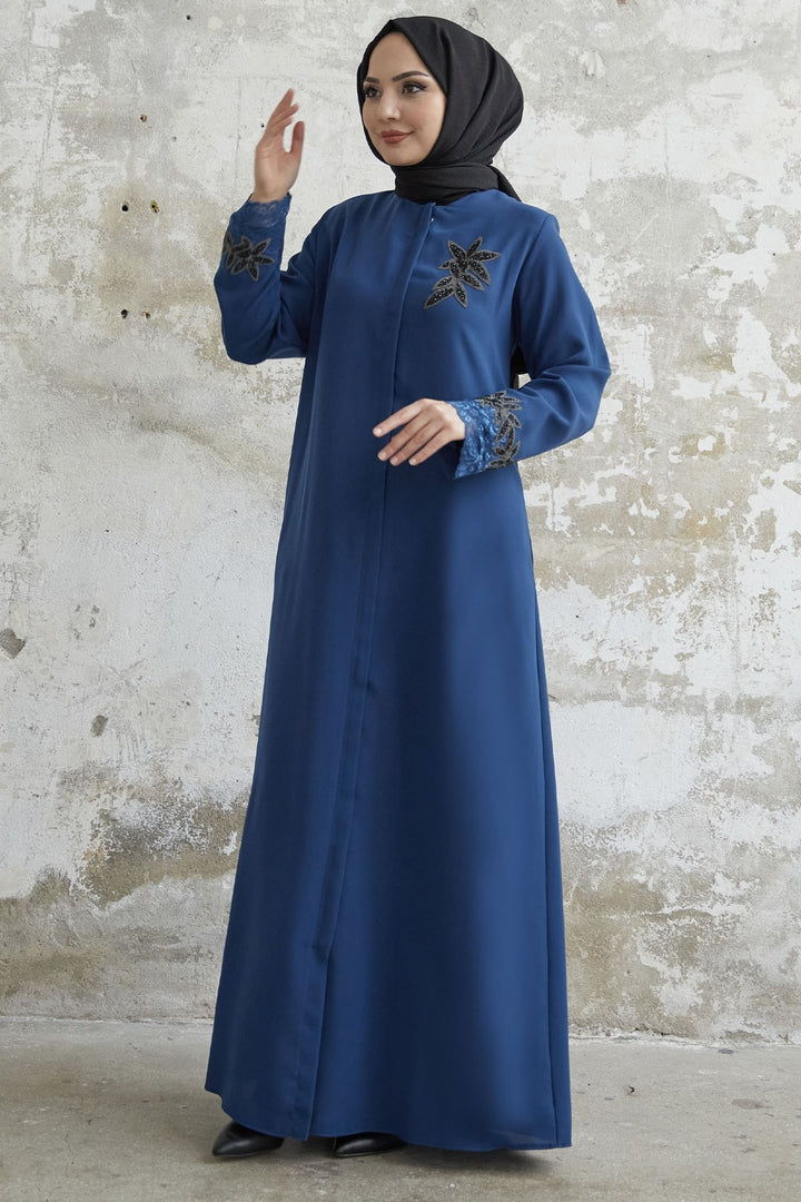 MDS Women Sleeve Flower Stone Abaya - Indigo - Ílion