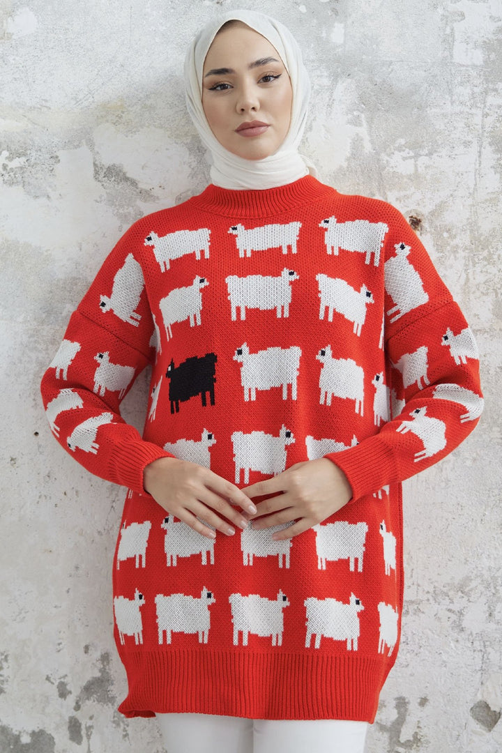 MDS Women Lamb Patterned Knit Sweater - Red - Villenave-d’Ornon
