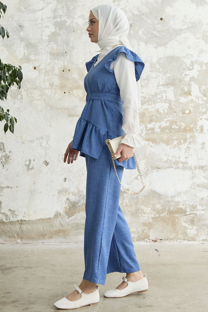 MDS Women Ruffled Shoulder Three Piece Set - Blue - Cholula de Rivadabia