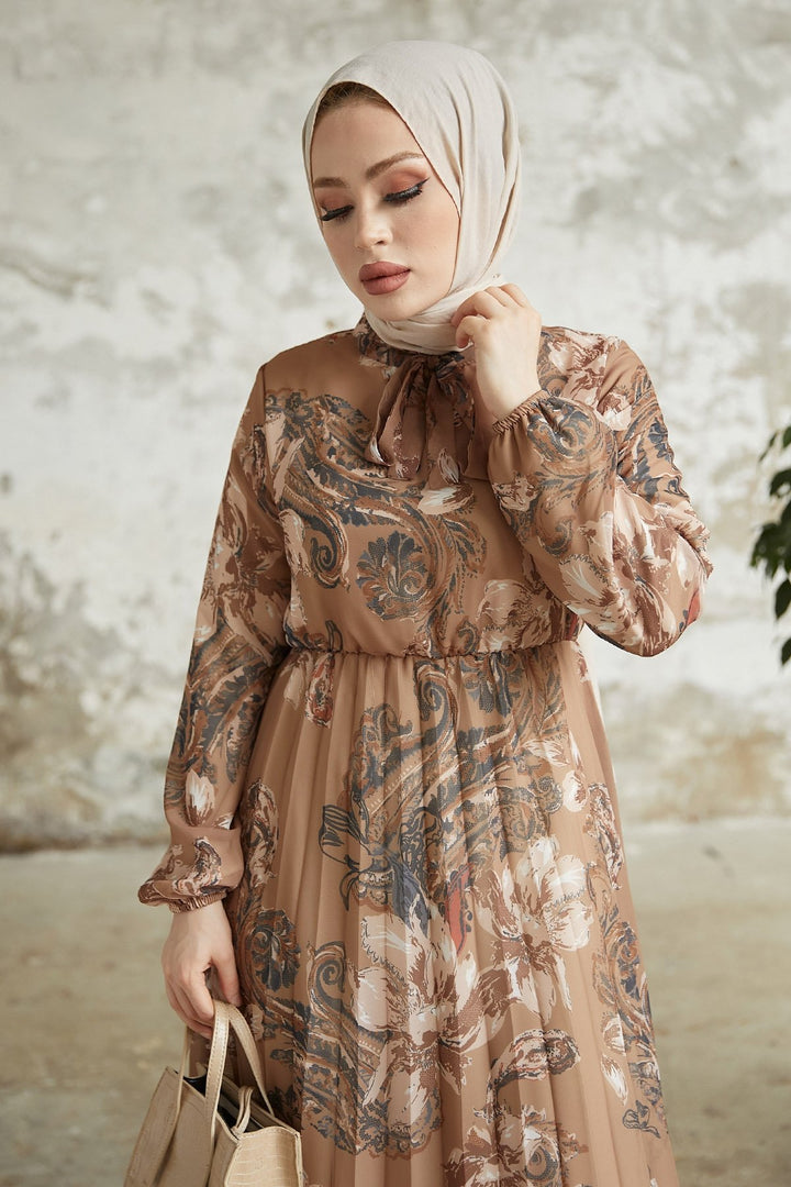 MDS Women Serena Flower Patterned Pleated Chiffon Dress - Brown - Ancona