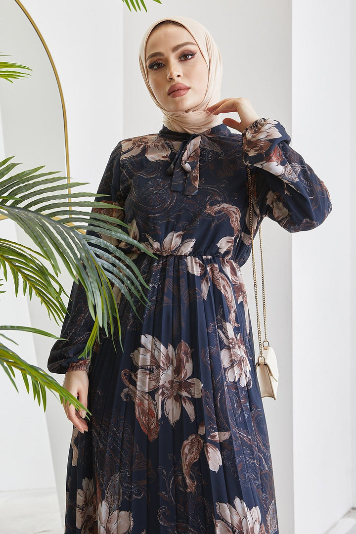 MDS Women Serena Flower Pattern Pleated Chiffon Dress - Navy Blue - Recklinghausen