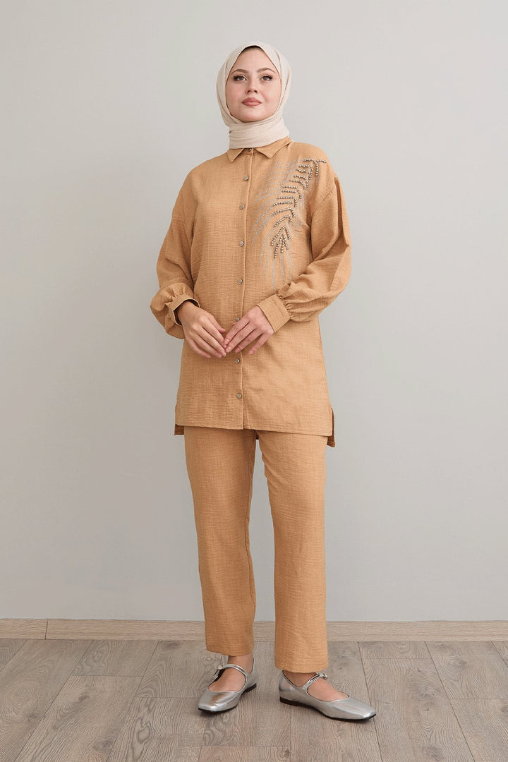 MDS Women Leaf Stone Processing Camel Linen Set - Enterprise