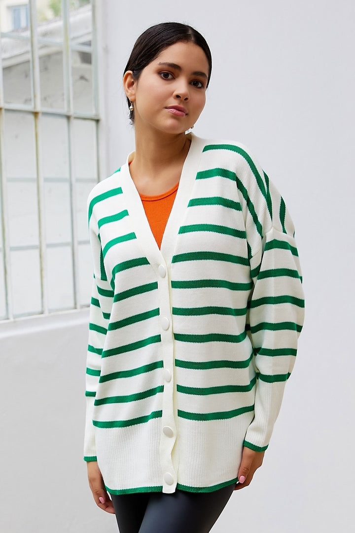 MDS Women Navi Striped Knit Cardigan - Green - Maspalomas