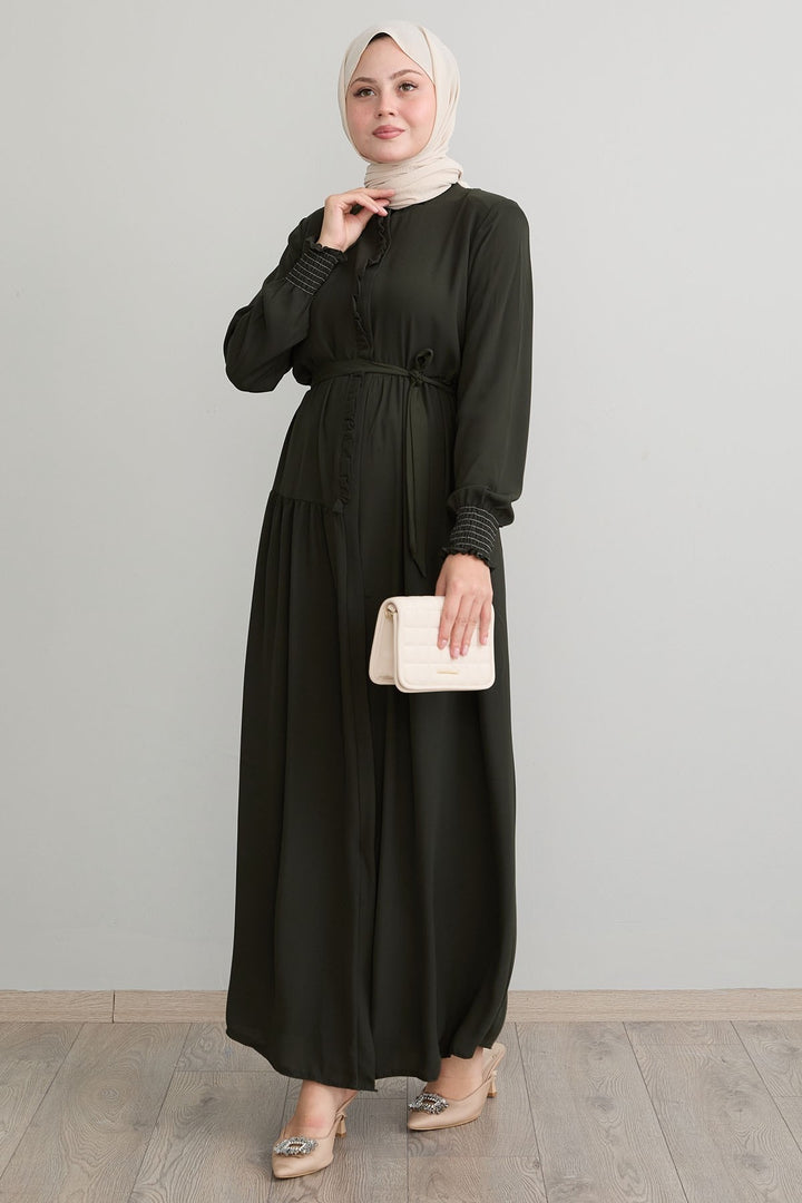 MDS Women Ruffle Detailed Asymmetric Cut Khaki Abaya - Perote