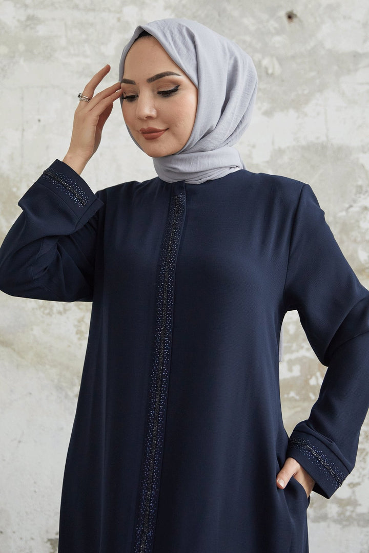 MDS Women Full Stone Detailed Abaya - Navy Blue - Hialeah