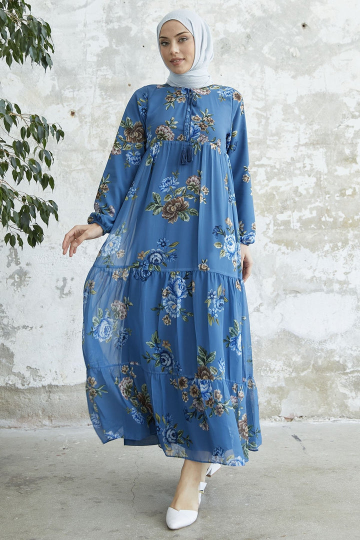 MDS Women Lace-Up Floral Chiffon Dress - Indigo - Landau