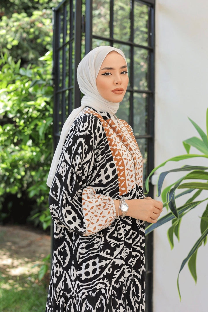 MDS Women Patterned Balloon Sleeve Black Viscose Dress - Wesel