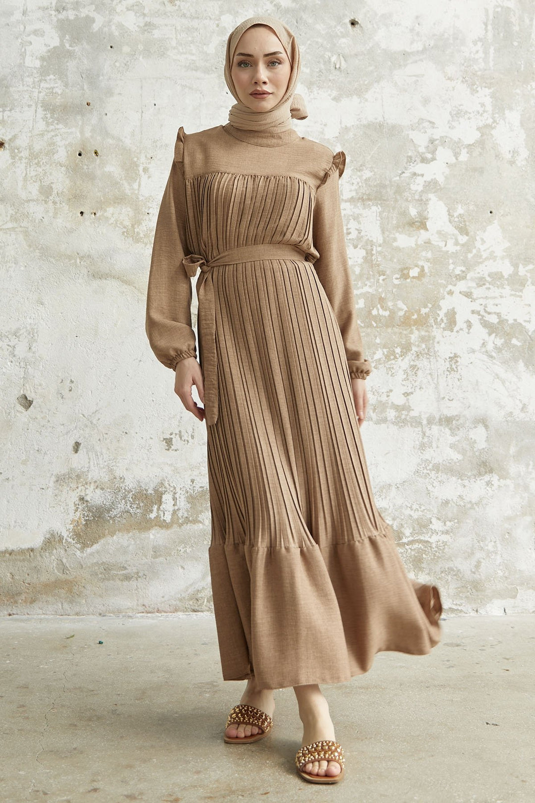 MDS Women Ruffle Trim Linen Dress with Puff Sleeves - Beige - Herzogenrath