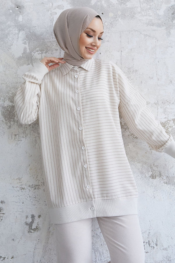 MDS Women Linen Stripe Pattern Shirt Set - Beige - Abrantes