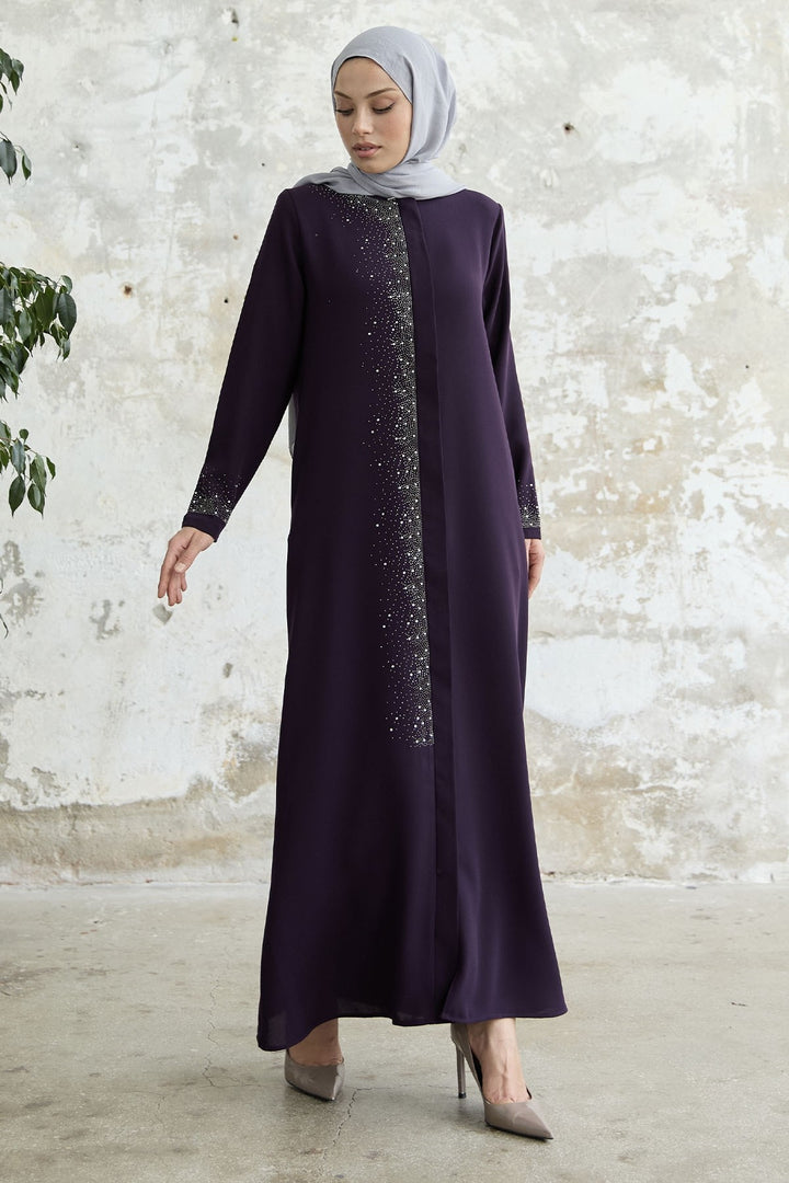 MDS Women Stone-embroidered Abaya with Right Side - Purple - Hickory