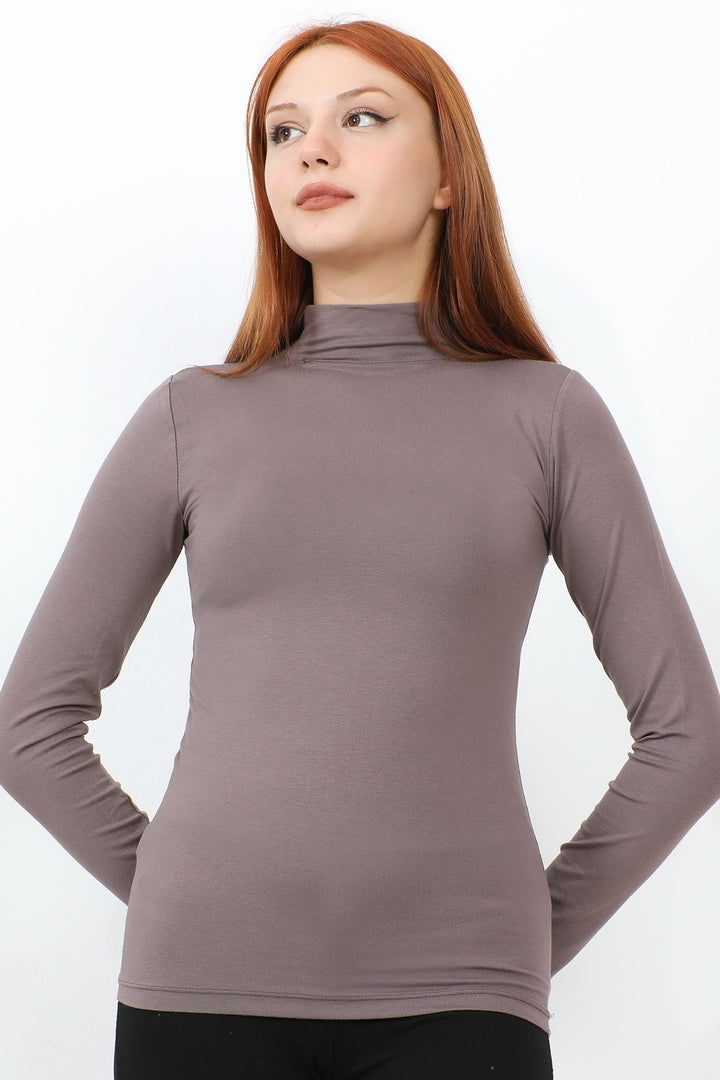 MDS Women Long Sleeve Fisherman Collar Basic Bodysuit - Brown - Mitrovicë
