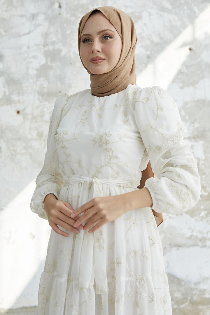 MDS Women Embroidered Ruffled Chiffon Dress - White - Mykolaiv
