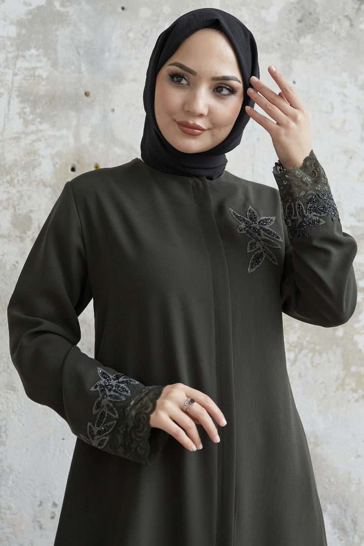 MDS Women Sleeve Flower Stone Abaya - Khaki - Portsmouth