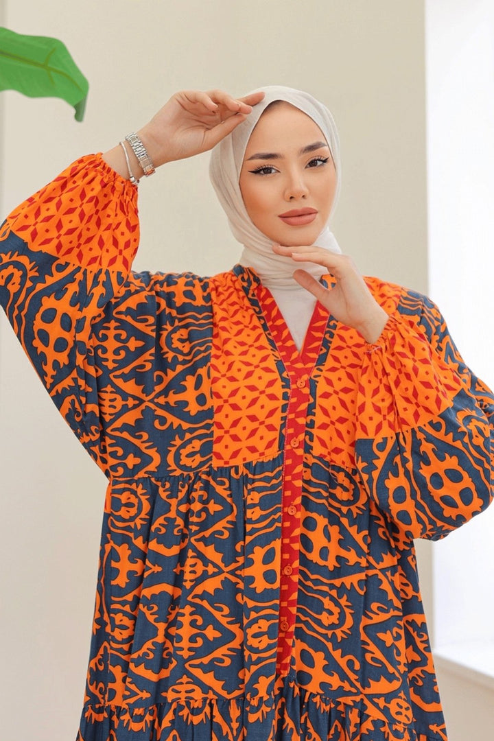 MDS Women Patterned Balloon Sleeve Orange Viscose Dress - Gloucester