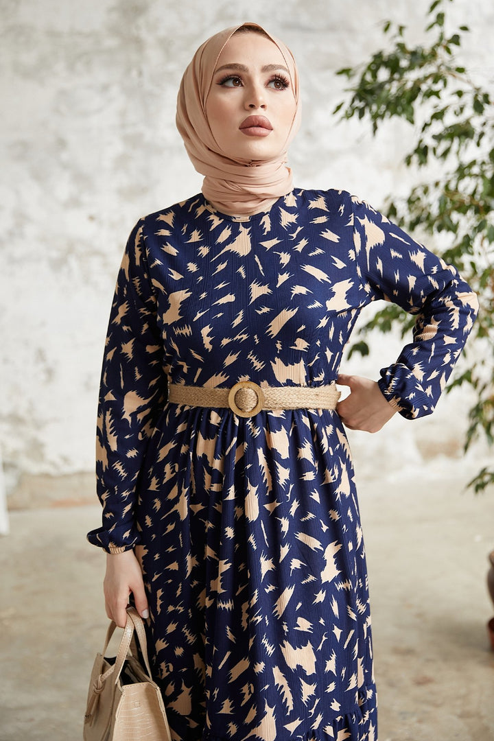 MDS Women Rena Straw Belted Patterned Dress - Navy Blue - Pombal