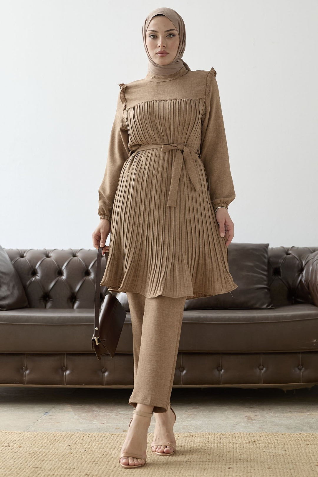 MDS Women Ruffled Detail Set with Front Pleat - Milky Coffee - Edison