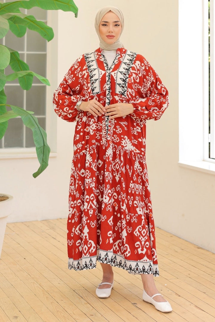 MDS Women Buttoned Loose Patterned Terracotta Viscose Dress - Culver City