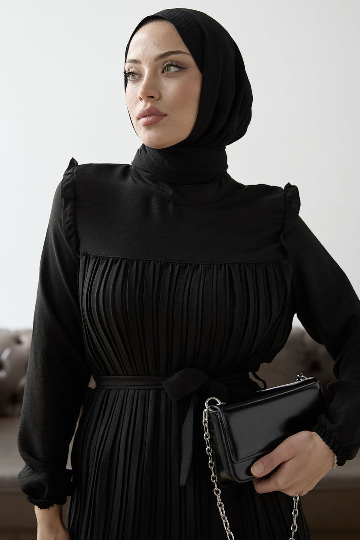 MDS Women Front Pleated Ruffle Detail Set - Black - Clichy