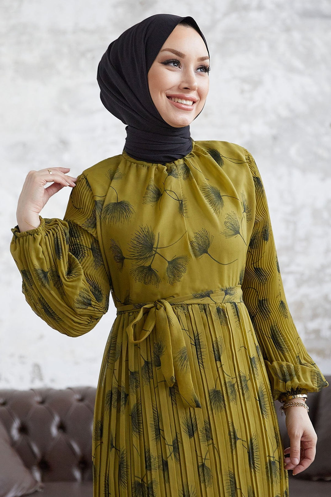 MDS Women Pale Sea Green Leaf Patterned Chiffon Dress - Olive Green - Bolingbrook