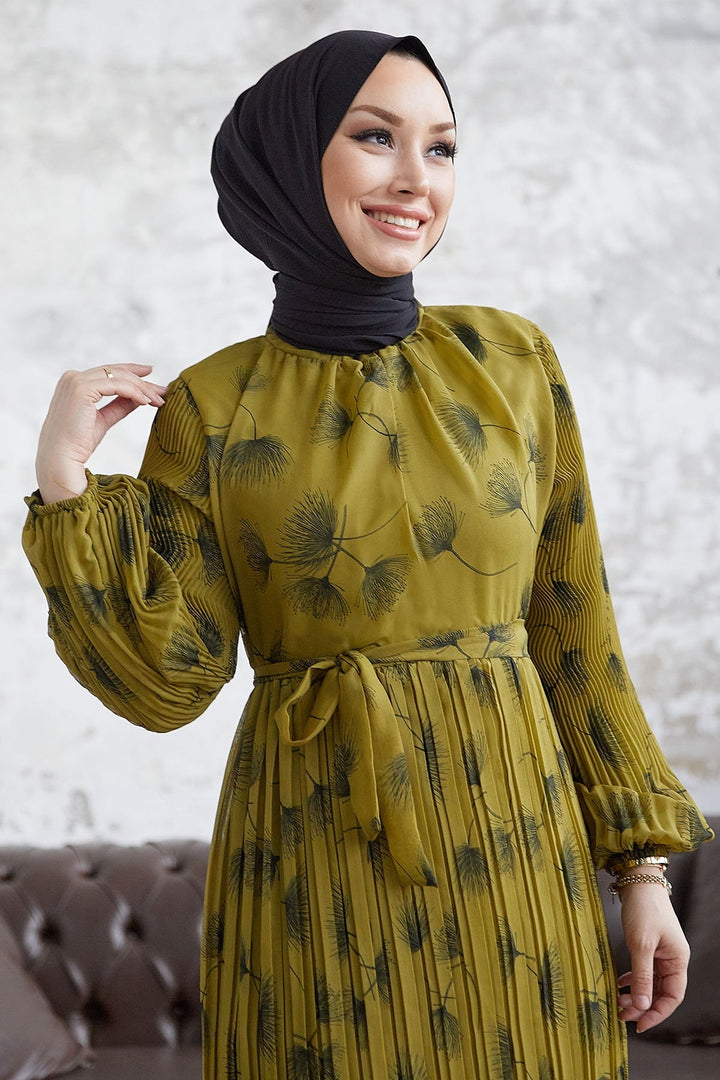 MDS Women Pale Sea Green Leaf Patterned Chiffon Dress - Olive Green - Bolingbrook