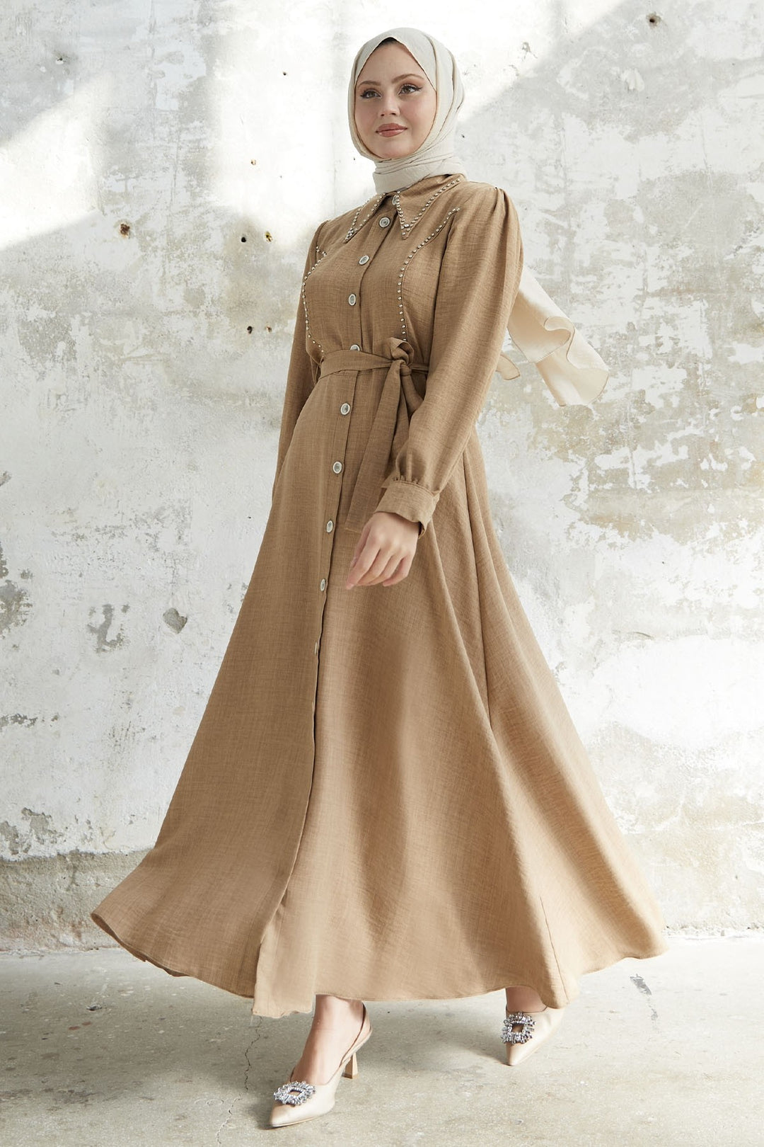 MDS Women Beaded Buttoned Linen Dress - Milky Coffee - Dunstable