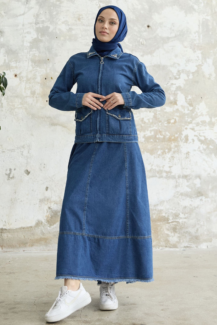 MDS Women Pearl-Trimmed Suit - Dark Blue - Kutaisi