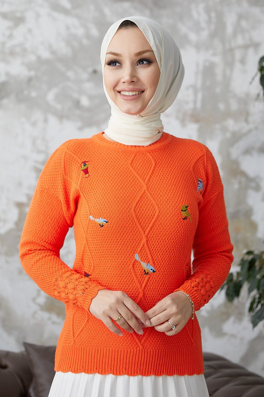 MDS Women Minsa Bird Patterned Knitted Sweater - Orange - Ahlen