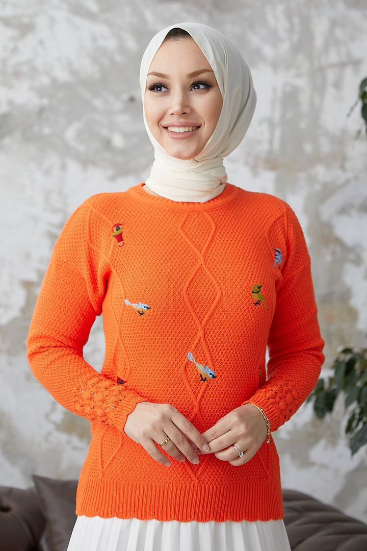 MDS Women Minsa Bird Patterned Knitted Sweater - Orange - Ahlen