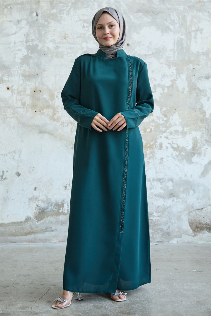 MDS Women Stone-embellished Petrol Abaya with Collar and Front Scarf - Plainfield