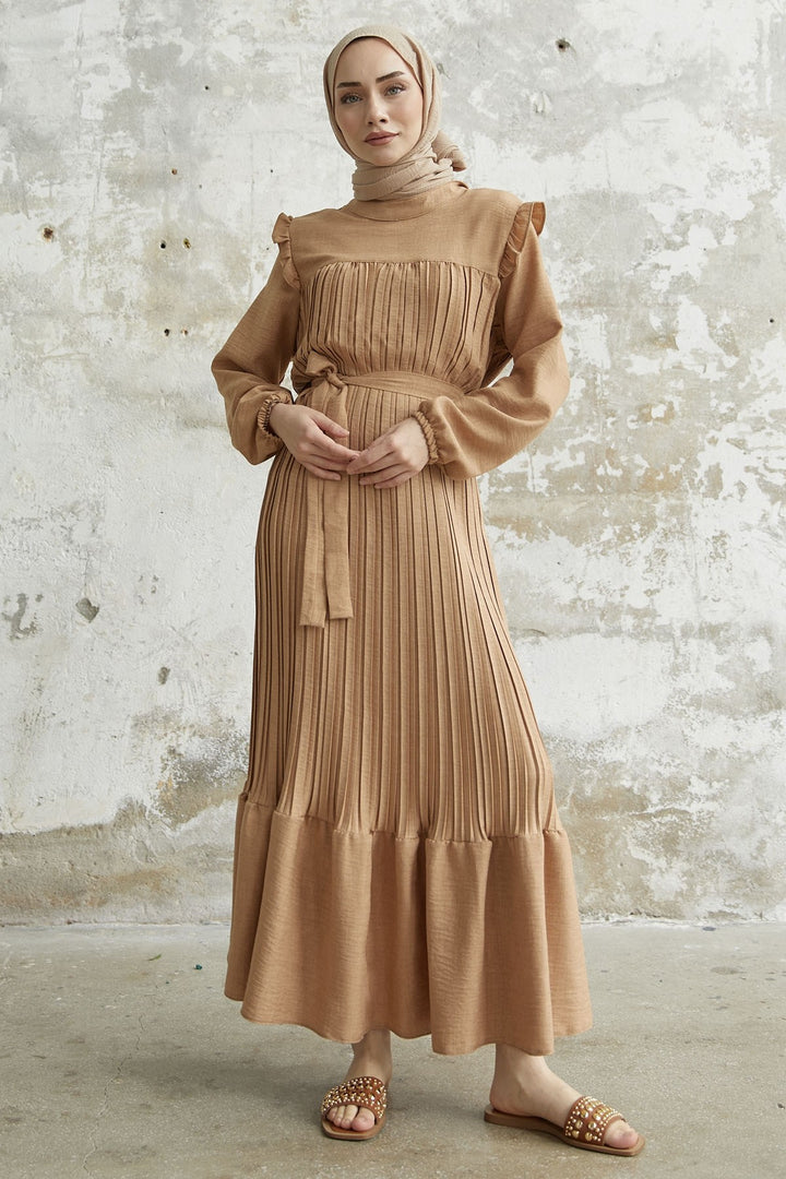 MDS Women Ruffle Trim Linen Dress with Puff Sleeves - Camel - Overland Park