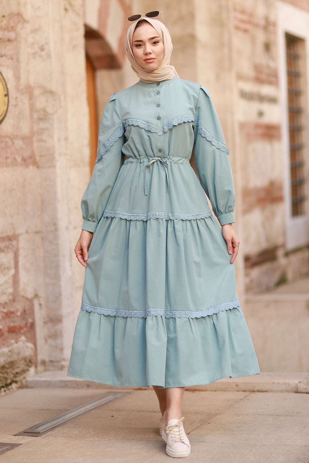 MDS Women Guipure Detail Balloon Sleeve Dress - Mint - Vinnytsia