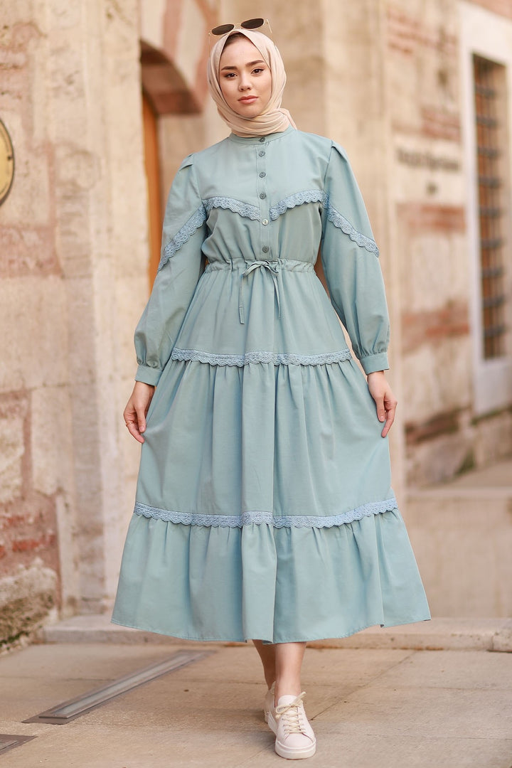 MDS Women Guipure Detail Balloon Sleeve Dress - Mint - Vinnytsia