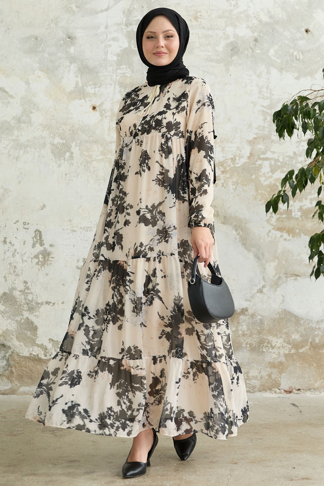 MDS Women Leaf Pattern Front Tasseled Ecru Chiffon Dress - Ancona