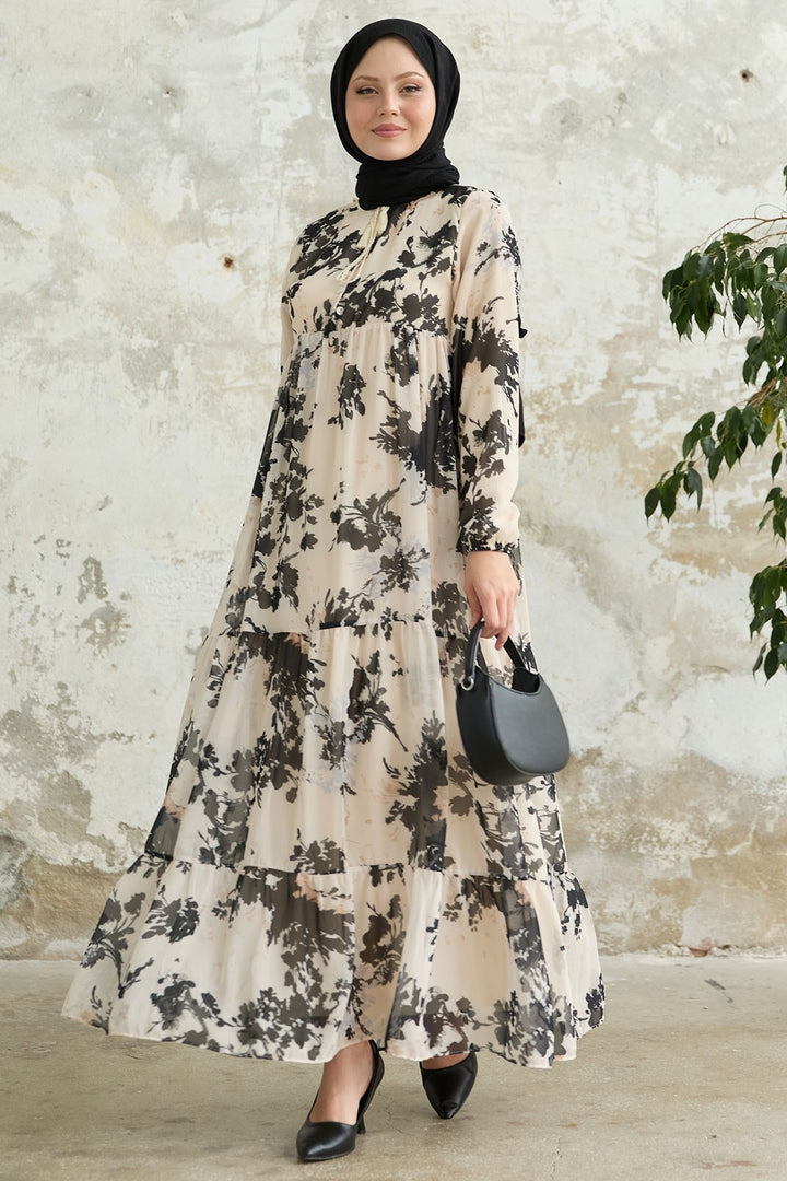 MDS Women Leaf Pattern Front Tasseled Ecru Chiffon Dress - Ancona