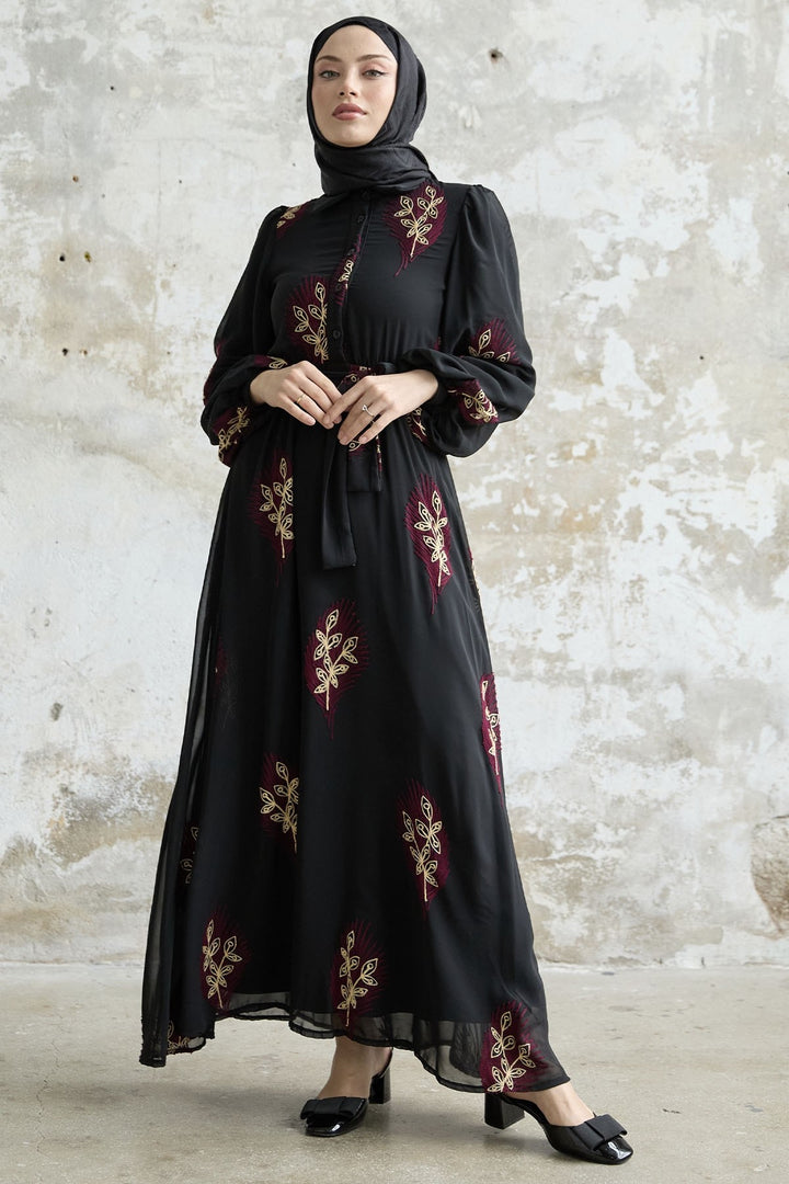MDS Women Leaf Pattern Embroidered Dress - Red - Littleton