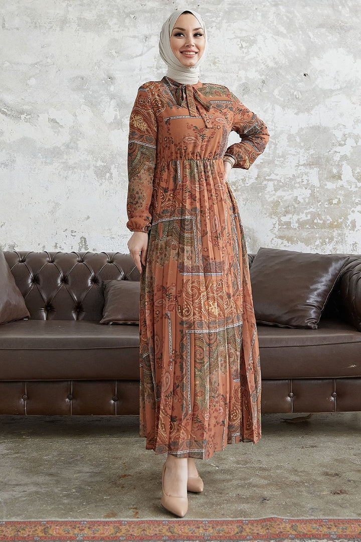 MDS Women Viera Shawl Patterned Collar Belted Chiffon Dress - Terracotta - Tepeji del Río de Ocampo