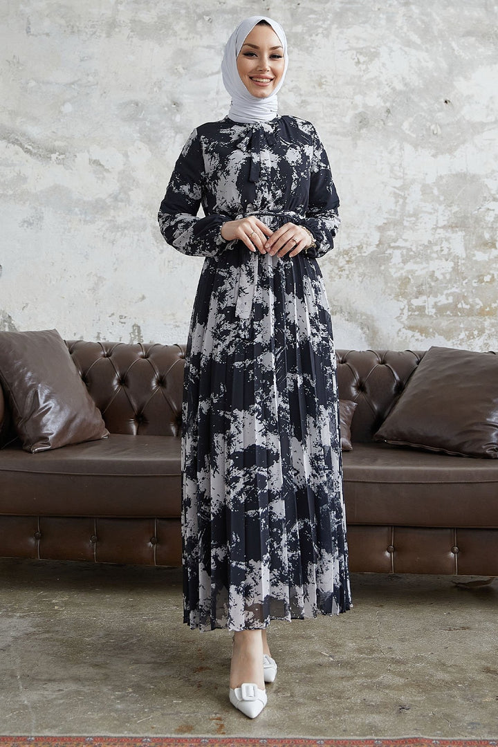 MDS Women Diva Collar Belted Pleated Chiffon Dress - Black - Bolingbrook