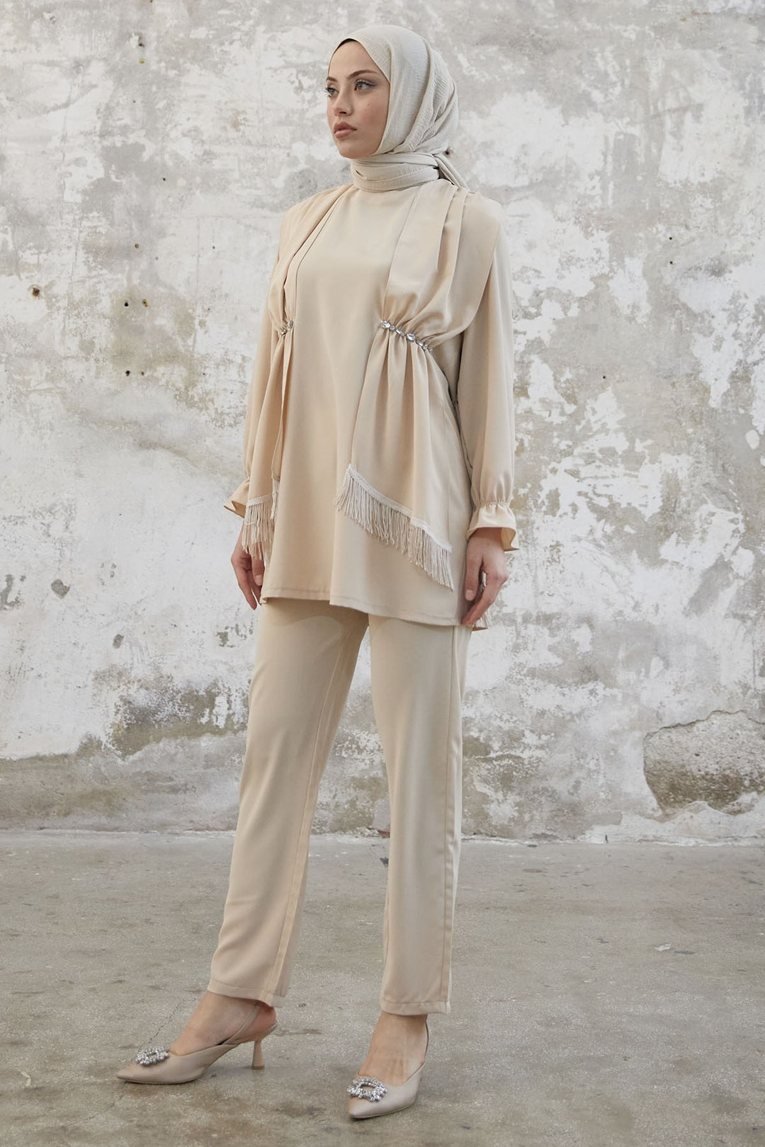 MDS Women Tassel Detail Stone Crepe Set - Beige - Dronten