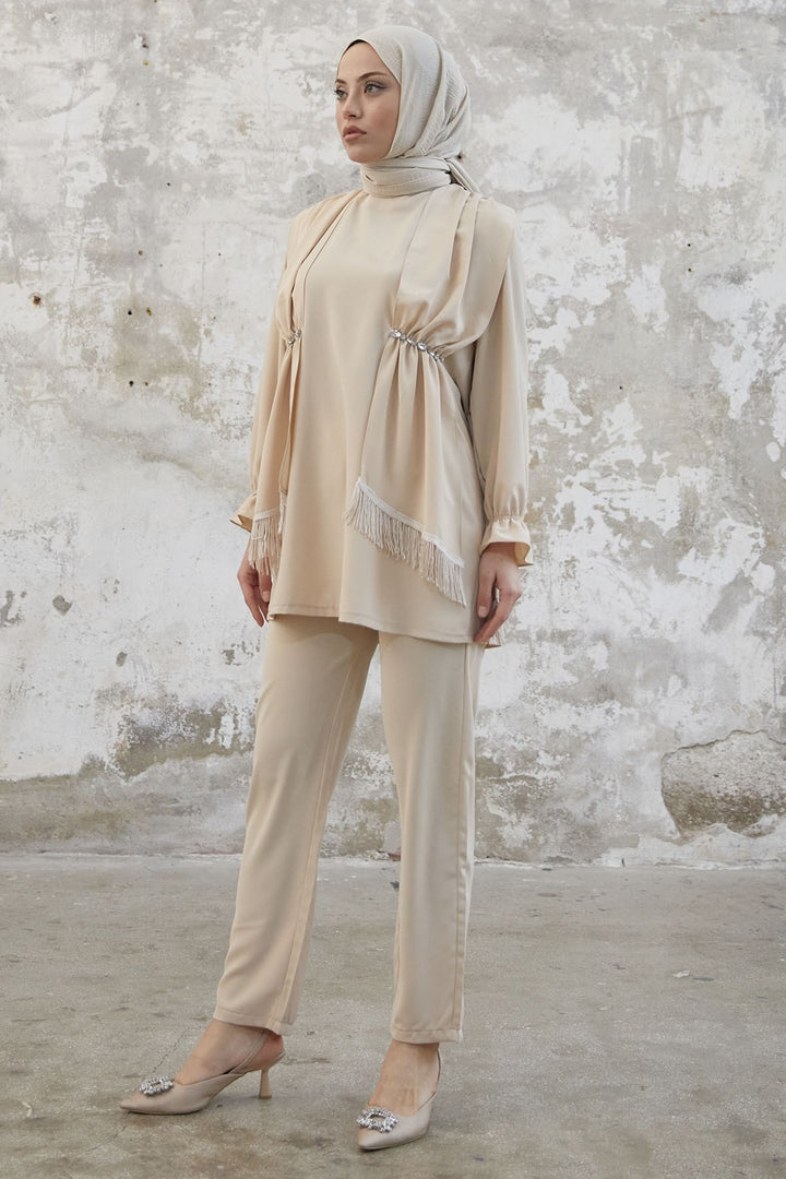 MDS Women Tassel Detail Stone Crepe Set - Beige - Dronten