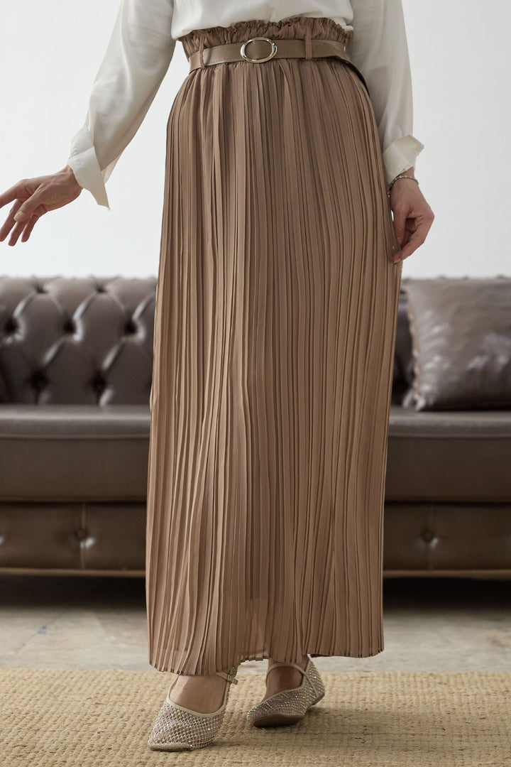 MDS Women Belted Waist Ruched Chiffon Skirt - Camel - Kozáni