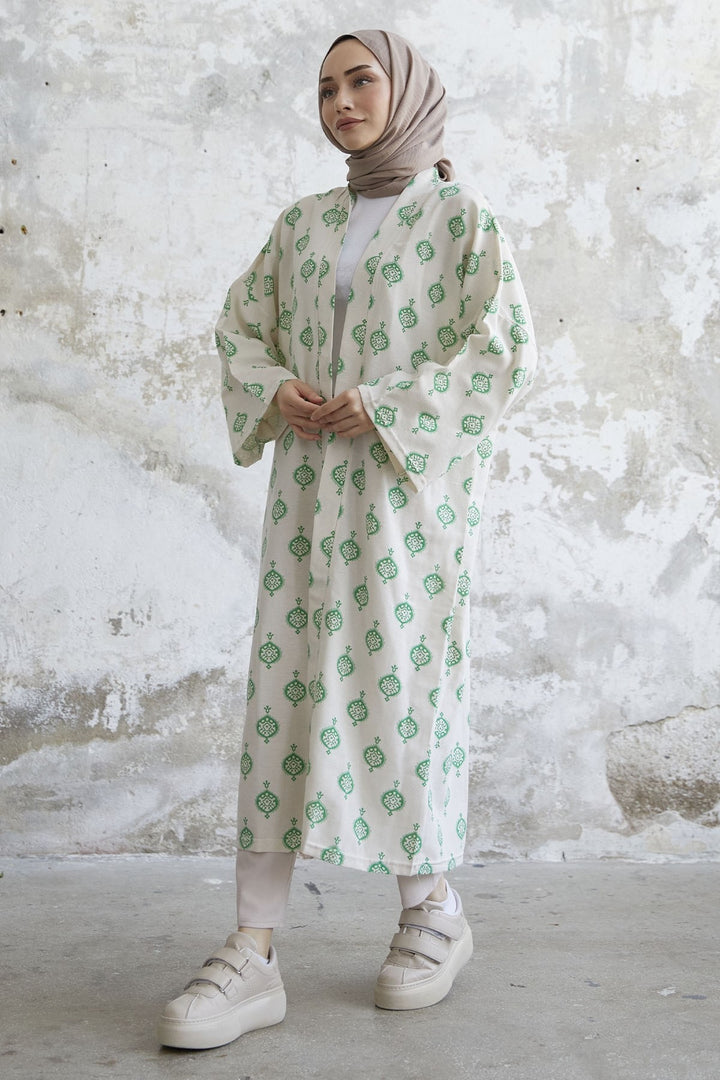 MDS Women Ethnic Pattern Long Kimono - Green - Land O Lakes
