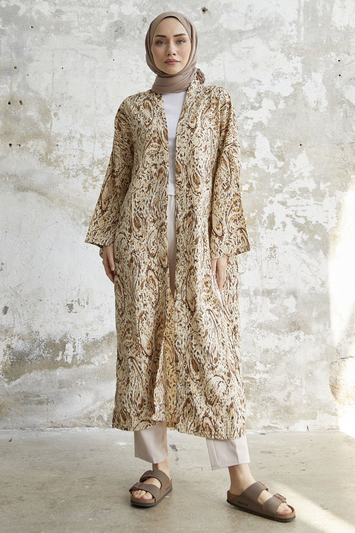 MDS Women Spiral Patterned Long Kimono - Brown - Delicias