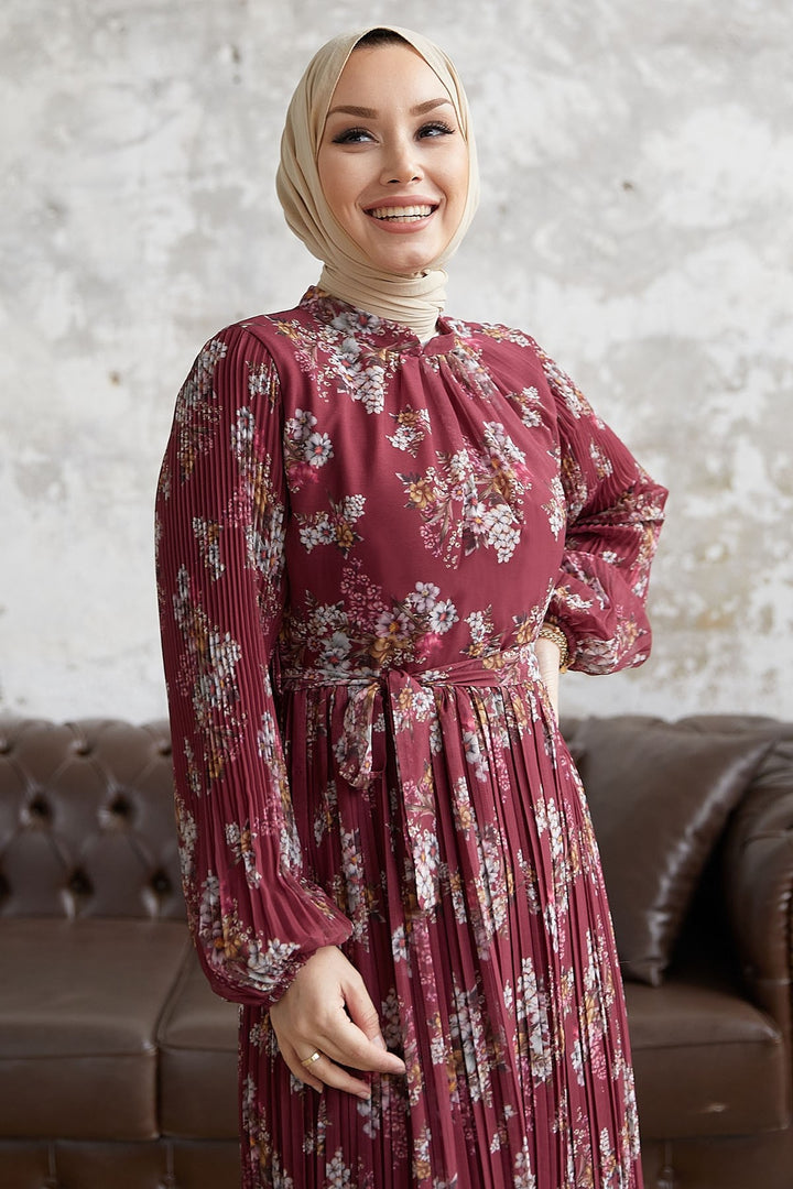 MDS Women Larina Flower Patterned Chiffon Dress - Burgundy - Collado-Villalba